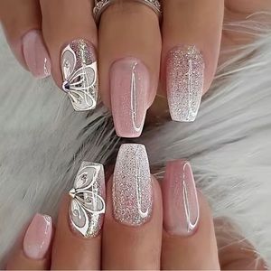 Butterfly & White Glitter Fake Nails in Medium Length